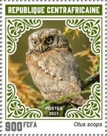 Stamp, Eurasian Scops Owl (Otus scops), Central African Republic,  , Animals (Fauna), Birds, Owls