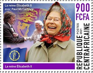 Stamp, Queen Elizabeth II and Paul McCartney, Central African Republic,  , Princes, Queens, Royalty