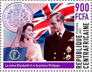Stamp, Queen Elizabeth II and Prince Philip, Central African Republic,  , Princes, Queens, Royalty