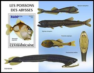 Souvenir Sheet, The Diaphanous Hatchetfish (Sternoptyx diaphana), Central African Republic,  , Animals (Fauna), Fishes, Sea Life