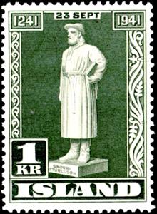 Stamp, Snorri Sturluson in green, Iceland,  , Famous People