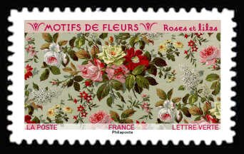 Stamp, Pattern of Roses and Lilac, France,  , Flowers, Textile