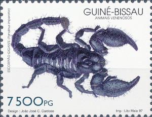 Stamp, Emperor scorpion (Pandinus imperator), Guinea-Bissau,  , Animals (Fauna), Scorpions