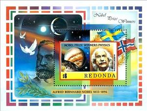 Stamp, Albert Einstein, Redonda,  , Famous People, Flags, Moon, Nobel Laureates, Peace Doves, Physicists, Planets, Scientists