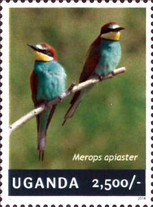 Stamp, European Bee-eater (Merops apiaster), Uganda,  , Animals (Fauna), Birds