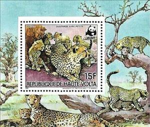 Souvenir Sheet, Cheetah (Acinonyx jubatus), Upper Volta,  , Animals (Fauna), Cheetahs, Mammals, WWF, Wild Cats