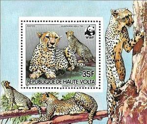 Souvenir Sheet, Cheetah (Acinonyx jubatus), Upper Volta,  , Animals (Fauna), Cheetahs, Mammals, WWF, Wild Cats