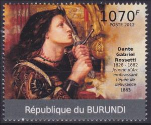Stamp, Joan of Arc, Painting by Dante Gabriel Rosetti, Burundi,  , Anniversaries and Jubilees, Famous People, Paintings