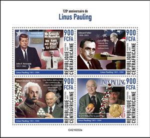 Mini Sheet, 120th Birth Anniversary of Linus Pauling, Central African Republic,  , Famous People, Nobel Laureates, Scientists