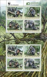 Mini Sheet, 60th Anniversary of WWF, Central African Republic,  , Animals (Fauna), Apes, WWF