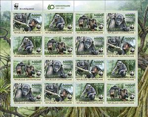 Mini Sheet, 60th Anniversary of WWF, Central African Republic,  , Animals (Fauna), Apes, WWF