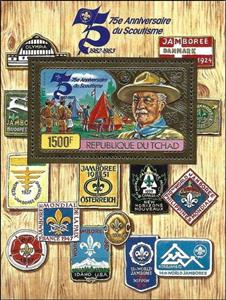 Souvenir Sheet, Scouts at campsite, Baden-Powell, Chad,  , Anniversaries and Jubilees, Famous People, Flags, Medals and Marks of Honour, Scouting