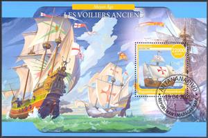 Souvenir Sheet, Old Sailboats (Middle Ages), Madagascar,  , Middle Ages, Naval Battles, Sailing Ships, Ships
