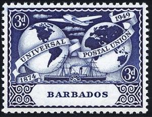 Stamp, Plane, Ship and Globes, Barbados,  , UPU, Aviation, Aircrafts