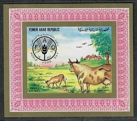 Souvenir Sheet, Cows, Yemen, Arab Republic,  , Animals (Fauna), Bulls and Cows, F.A.O., Mammals