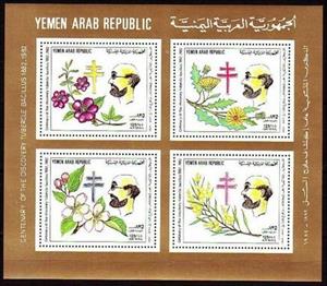 Souvenir Sheet, Flowers and Robert Koch, Yemen, Arab Republic,  , Flowers, Tuberculosis / TBC