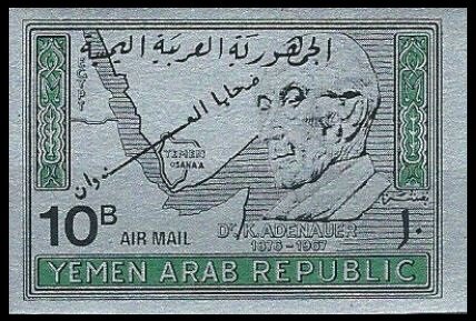 Stamp, Konrad Adenauer (1876-1967) - overprinted, Yemen, Arab Republic,  , Maps, Politicians