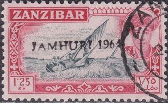 Stamp, Dhow overprinted "JAMHURI 1964", Zanzibar,  , Famous People, Heads of State, Men, Sailing Ships, Ships, Sultan