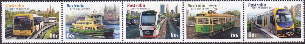 Se-tenant, Capital City Transport, Australia,  , Buses, Ferries, Public Transport, Railways, Ships, Trams
