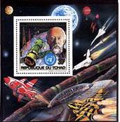 Souvenir Sheet, K.E. Tsiolkovsky,. Soyuz, Chad,  , Outer Space, Scientists, Seals (Emblems), Spacecrafts, U.N.O.