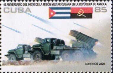 Stamp, Cuban Military Mission in Angola, 45th Anniversary, Cuba,  , Flags, Rockets, Weapons
