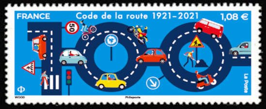 Stamp, National Highway Code, Centenary, France,  , Cars, Roads, Transport
