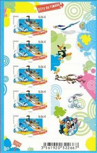 Mini Sheet, Wile E. Coyote and Roadrunner, France,  , Cartoons, Cats, Comics, Drawings, Rabbits, Stamps