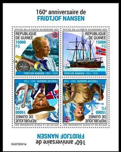 Mini Sheet, 160th Anniversary of the Birth of Fridtjof Nansen, Guinea,  , Explorers, Famous People