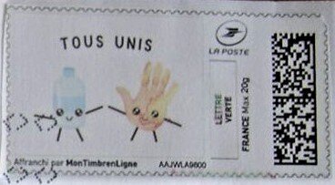 Stamp, All united. Tous Unis. Blue Bottle, Orange Hand, Personalized and Private Mail Stamps,  , Cartoons, Hands, Healthcare