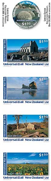Booklet Pane, Moeraki Boulders 4, Personalized and Private Mail Stamps,  , Churches - Cathedrals - Basilicas - Chapels, Coastal Areas, Lakes, Landscapes, Rocks, Round Stamps