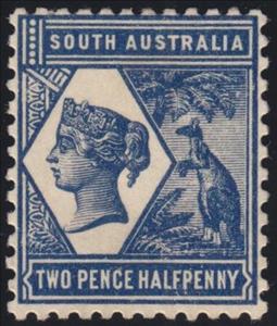 Stamp, Queen Victoria and Red kangaroo (Macropus rufus), South Australia,  , Animals (Fauna), Famous People, Heads of State, Kangaroos, Palm-trees, Plants (Flora), Queens, Royalty
