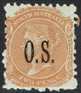 Stamp, Queen Victoria with O.S. overprint close, South Australia,  