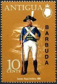 Stamp, Gunner 1800, Barbuda,  , Uniforms