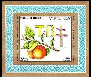 Mini Sheet, Oranges, Yemen, Arab Republic,  , Anniversaries and Jubilees, Fruits, Plants (Flora), Tuberculosis / TBC
