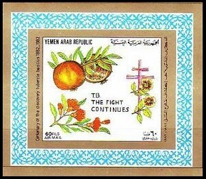Mini Sheet, Quince and flowers, Yemen, Arab Republic,  , Anniversaries and Jubilees, Flowers, Fruits, Plants (Flora), Tuberculosis / TBC