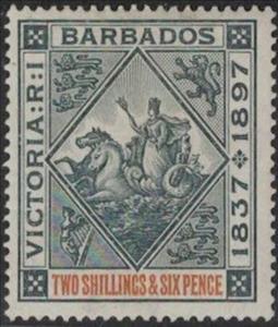 Stamp, Queen Victoria Jubilee, Barbados,  , Animals (Fauna), Horses, Mammals, Mythology, Seals (Emblems)