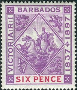 Stamp, Queen Victoria Jubilee, Barbados,  , Animals (Fauna), Horses, Mammals, Mythology, Seals (Emblems)