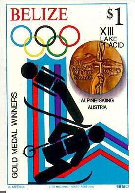 Stamp, Alpine Skiing, Austria, Belize,  , Olympic Games, Skiing, Sports