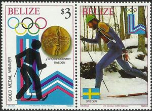 Stamp with Attached Label, Cross Country, Sweden, Belize,  , Cross-country Skiing, Olympic Games, Sports