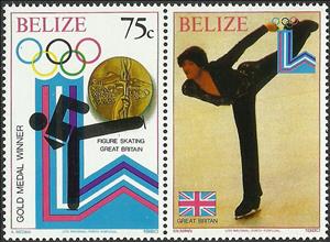 Stamp with Attached Label, Figure Skating, Great Britain, Belize,  , Figure-skate, Olympic Games, Sports