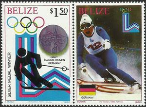 Stamp with Attached Label, Giant Slalom Women, Germany, Belize,  , Olympic Games, Skiing, Sports