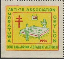 Stamp, Moratuwa Anti-TB Association 1954: Eating at table (English), Cinderellas,  , Food, Men, Tuberculosis / TBC, Women