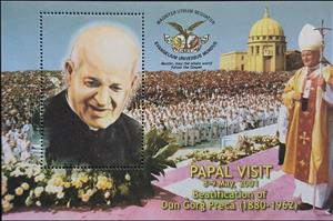 Souvenir Sheet, Papal Visit - Beatification of Dun Ġorġ Preca, Cinderellas,  , Christian, Churches - Cathedrals - Basilicas - Chapels, Clergy, Men, Popes, Saints, Special Occasions