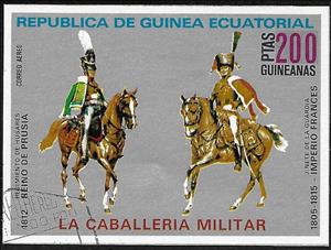 Stamp, Prussian Hussar (1812) and French Guardsman (1805), Equatorial Guinea,  , Army, Horses, Military Forces, Uniforms