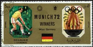 Stamp, Field Hockey, Sharjah,  , Fire and Flames, Flags, Hockey, Olympic Games, Torches