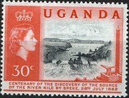 Stamp, Ripon Waterfall & Speke monument, Uganda,  , Heads of State, Royalty, Rivers, Discoveries, Queens