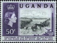 Stamp, Ripon Waterfall & Speke monument, Uganda,  , Heads of State, Royalty, Rivers, Discoveries, Queens
