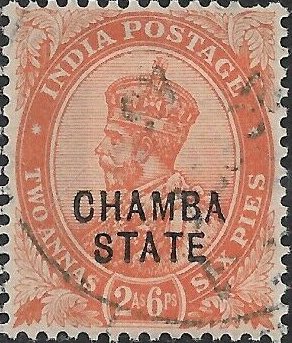 Stamp, King George V wearing Imperial Crown of India - Overprinted, Chamba,  , Crowns and Coronets, Famous People, Heads of State, Kings, Men, Royalty