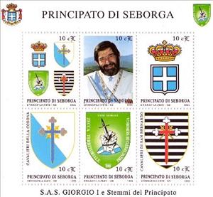 Mini Sheet, HSH Giorgio I and Coats of Arms of the Principality, Cinderellas,  , Coats of Arms, Crowns and Coronets, Men