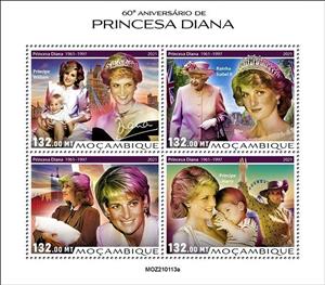 Mini Sheet, 60th Anniversary of the Birth of Princess Diana, Mozambique,  , Famous People, Princesses